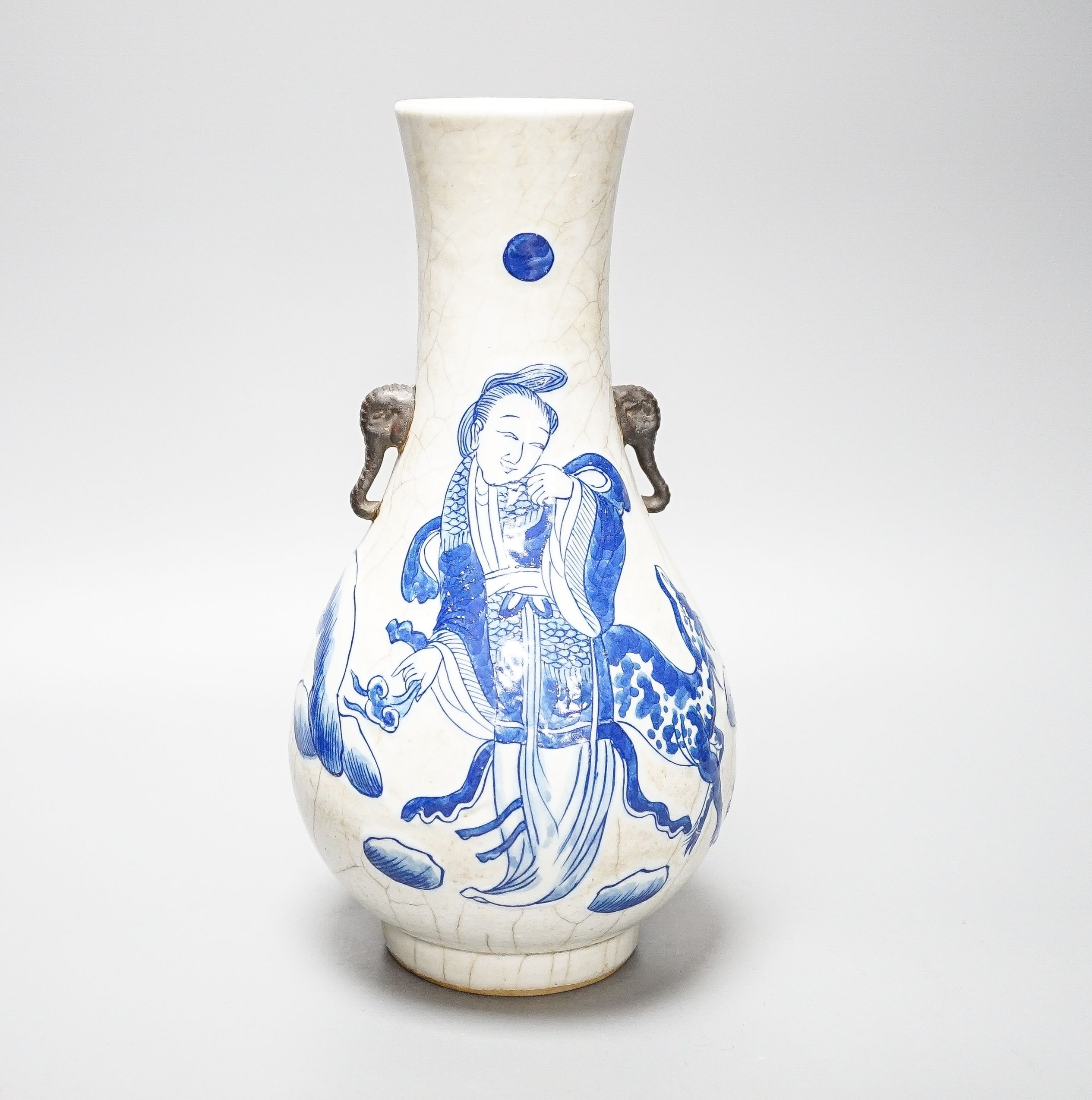 A Chinese crackle glaze porcelain two handled vase, painted in underglaze blue, seal mark, 27cm